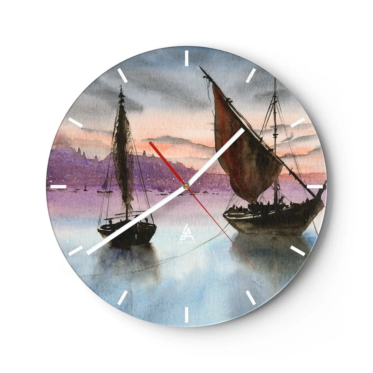 Wall clock - Clock on glass - Sailing ships on the water at sunset - 30x30cm - Evening at the Port - Modern wall decoration for the living room, kitchen, and bedroom ARTTOR