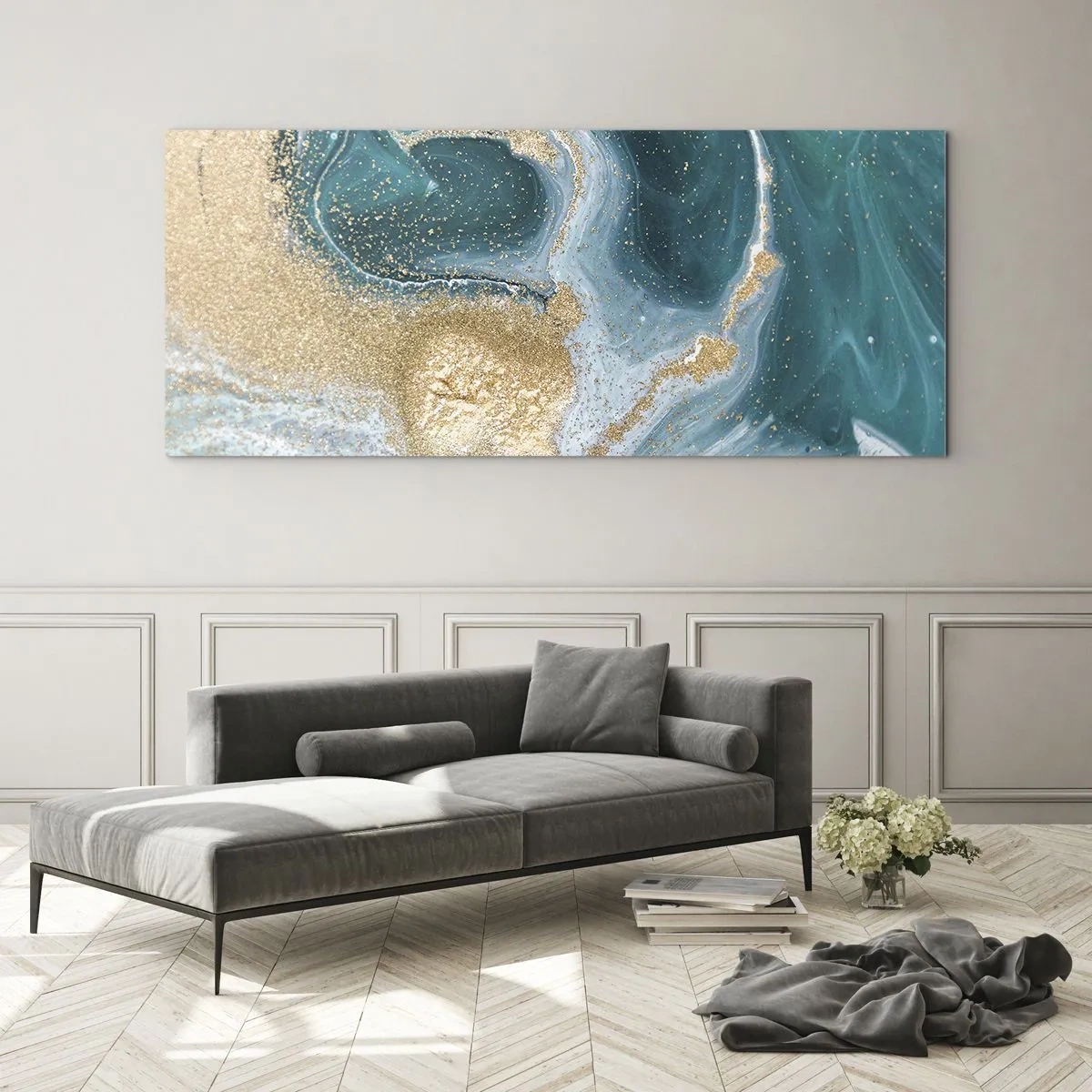 Glass picture - Swirl of Gold and Turquiose - 120x50 cm