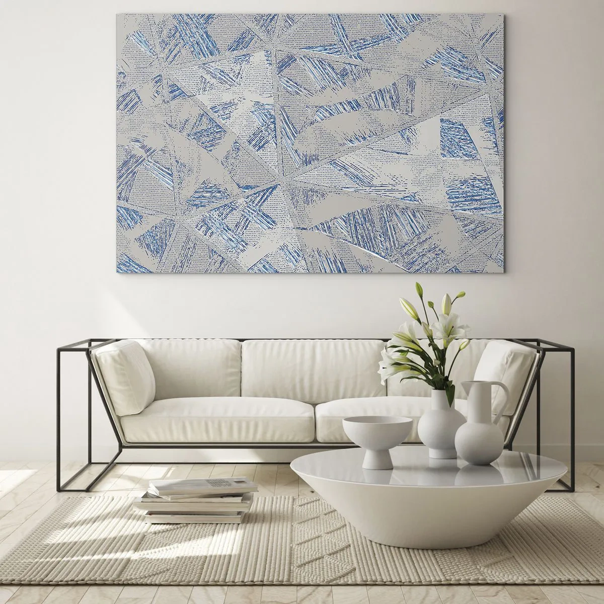 Glass picture - Geometric patterns in shades of gray and blue - 70x50cm - In Blue and Grey Maze - Modern wall decoration for the living room and bedroom ARTTOR