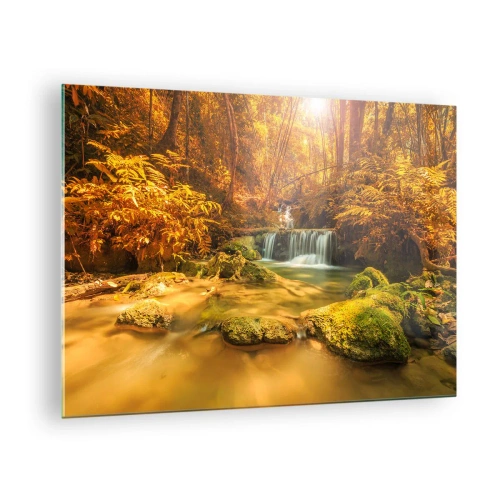 Glass picture - Forest cascade in gold - 70x50cm - Forest Cascade in Gold - Modern wall decoration for the living room and bedroom ARTTOR