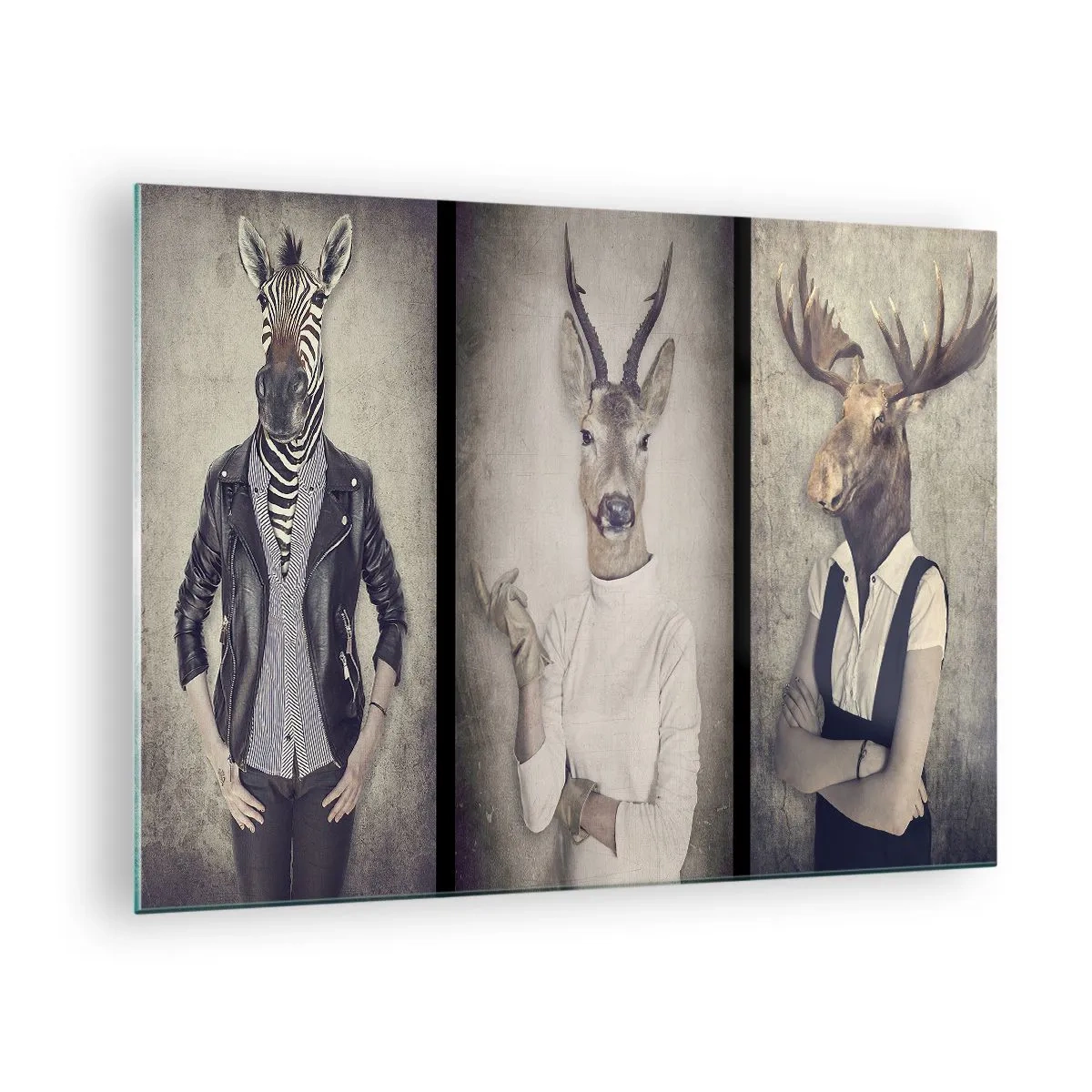 Glass picture - Three animal figures in human clothing against a neutral background - 70x50cm - Let Gestures Speak - Modern wall decoration for the living room and bedroom ARTTOR