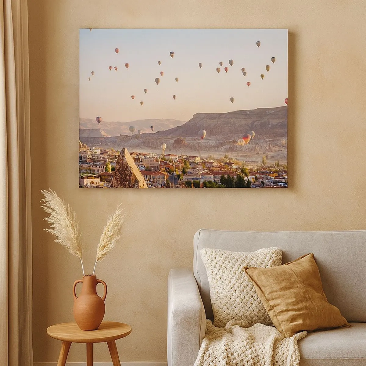 Canvas picture - Cappadocia with balloons against the backdrop of picturesque hills - 70x50cm - Like Ships in the Sky - Modern wall decoration for the living room and bedroom ARTTOR