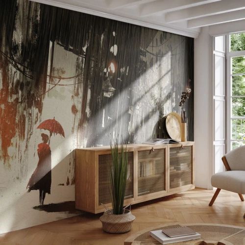 Photo Wallpaper Standard Eco - Poetry of a Red Umbrella - City, Woman, Architecture - 150x105 cm