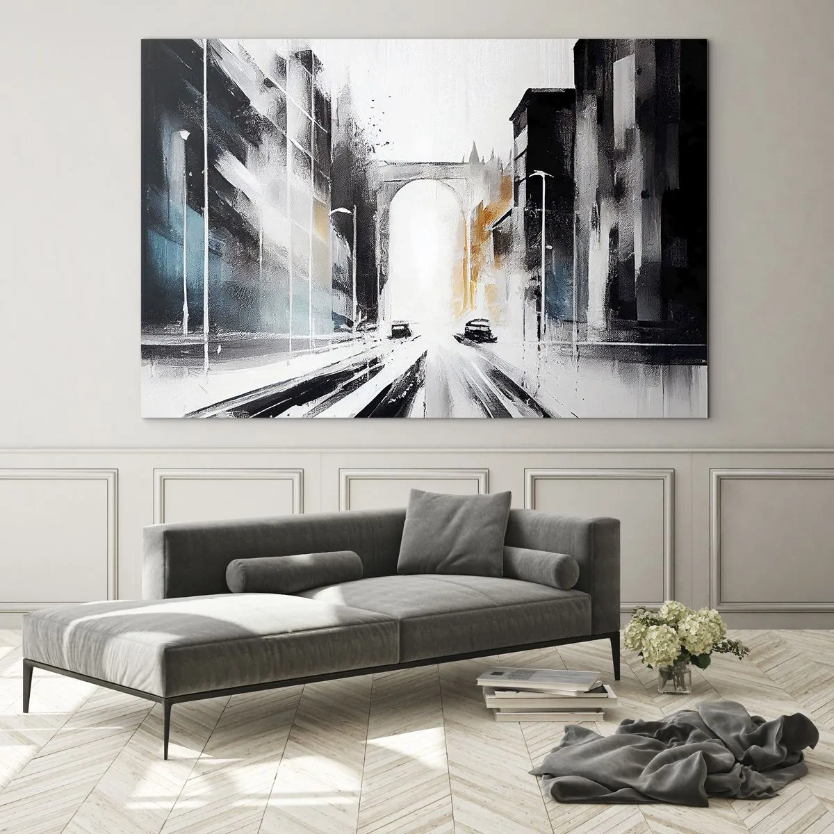 Glass picture - dynamic city street with cars and an arch in the background in a painterly style. - 70x50cm - Study of a City: Architecture and Movement - Modern wall decoration for the living room and bedroom ARTTOR
