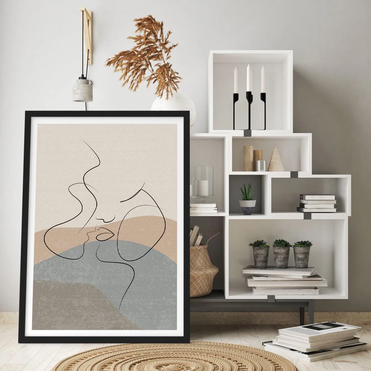 Poster in black frame - A minimalist line that creates a feminine face - 50x70cm - Like with a Paintbrush Stroke - Modern wall decoration for the living room and bedroom ARTTOR