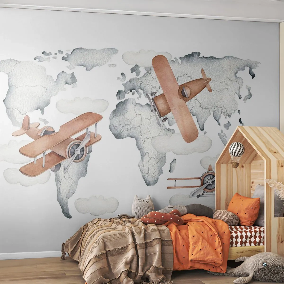 Photo Wallpaper Standard Eco - In a Pioneering Spirit - World map, Airplanes, Children's - 350x256 cm