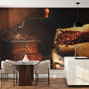 Photo Wallpaper Premium Sand - Still Life with Coffee Grains and a Grinder - Gastronomy, Coffee, Coffee grinder - 100x70 cm