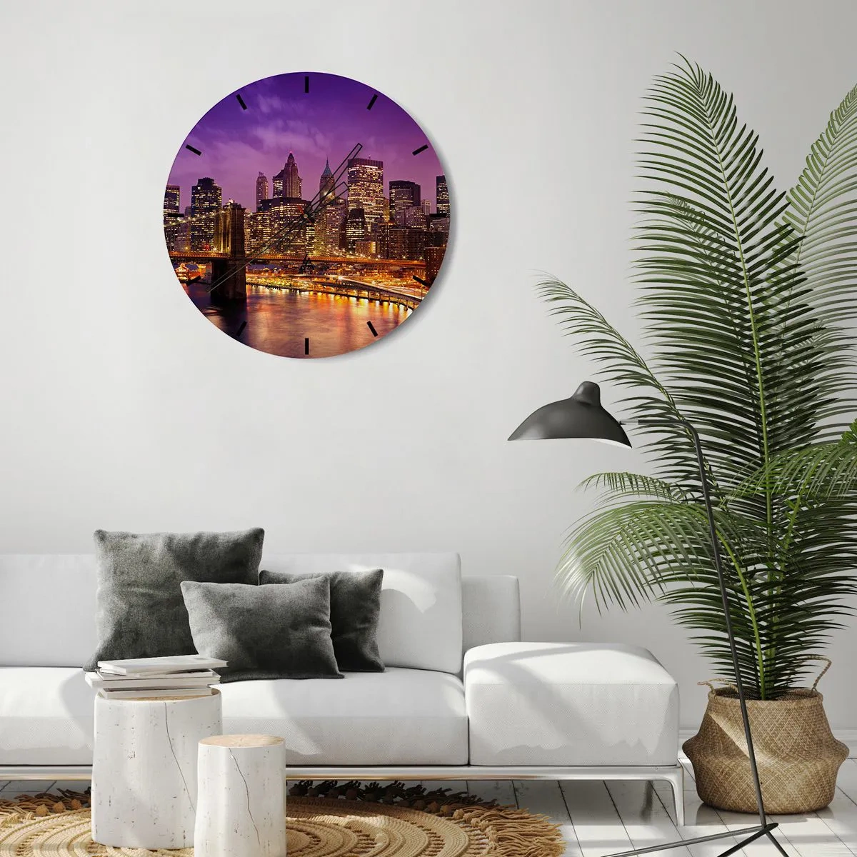 Wall clock - Clock on glass - Panorama of the city with the bridge and lighting in the evening scenery - 30x30cm - Violet and Gold Manhattan - Modern wall decoration for the living room, kitchen, and bedroom ARTTOR