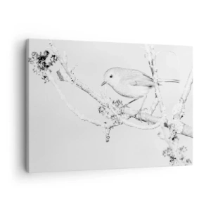 Canvas picture - Bird on a branch in black and white with a minimalist style - 70x50cm - Winter Morning - Modern wall decoration for the living room and bedroom ARTTOR