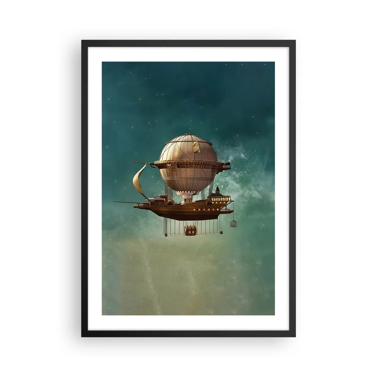 Poster in black frame - A fantastic airship floating among the stars - 50x70cm - Greetings from Jules Verne - Modern wall decoration for the living room and bedroom ARTTOR