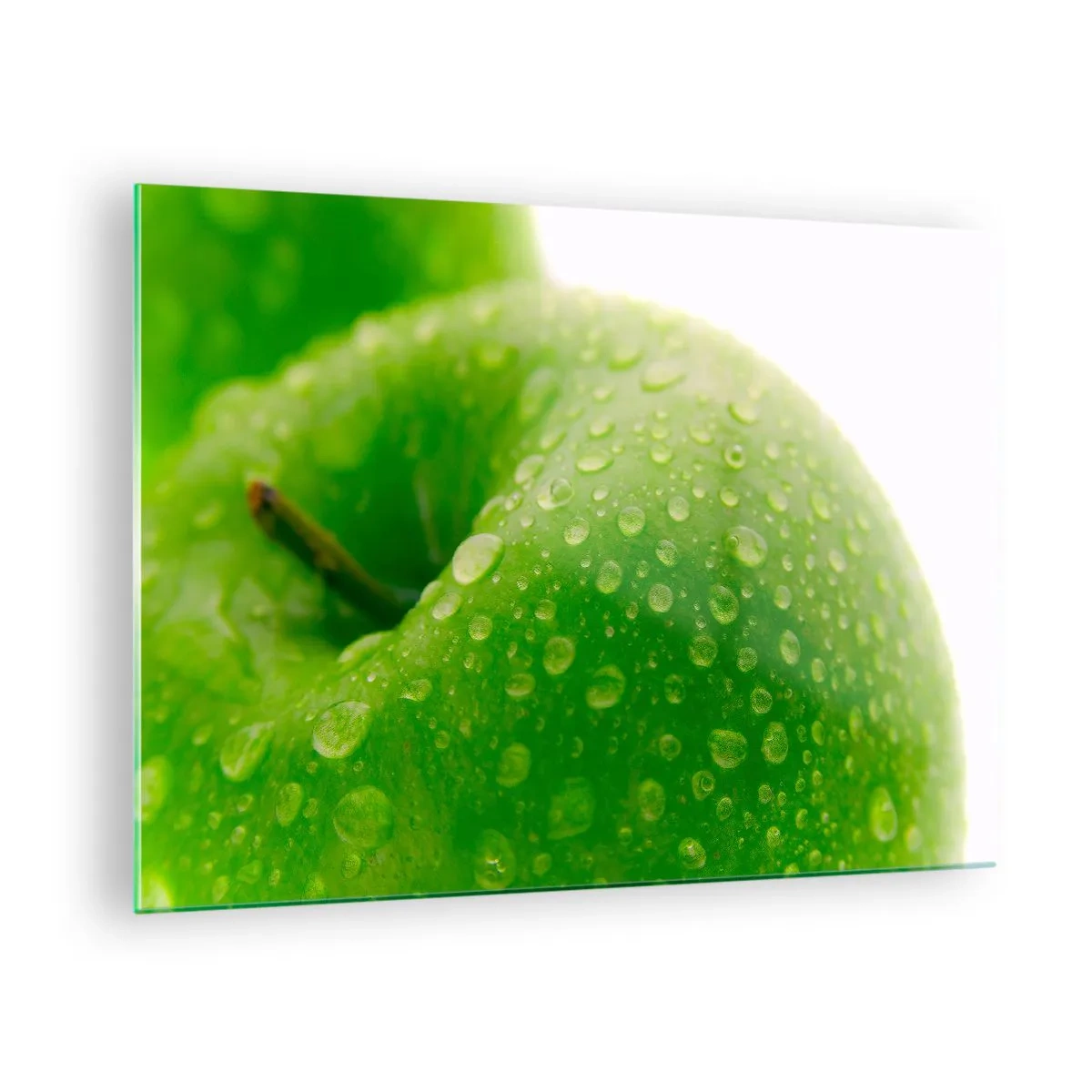 Glass picture - A green apple covered with water drops - 70x50cm - Green, Cool Freshenss - Modern wall decoration for the living room and bedroom ARTTOR