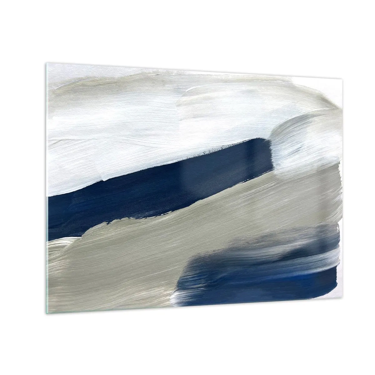 Glass picture - Minimalist abstraction with dynamic strokes of white, navy blue and gray. - 70x50cm - Encounter with White - Modern wall decoration for the living room and bedroom ARTTOR