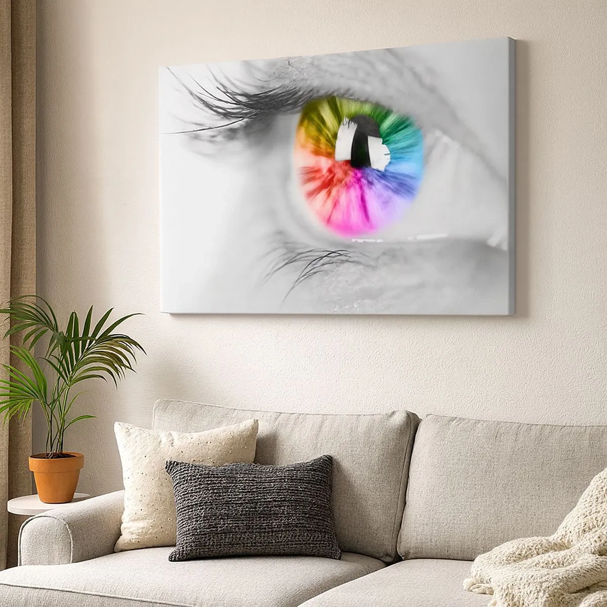 Canvas picture - Artistic shot of an eye with a rainbow iris on a gray background - 70x50cm - See the World through Coloured Glasses - Modern wall decoration for the living room and bedroom ARTTOR