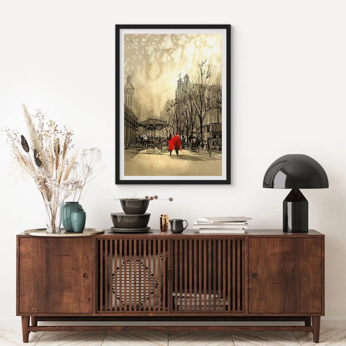 Poster in black frame - A figure in a red coat against the background of a winter city - 50x70cm - A Date in London Fog - Modern wall decoration for the living room and bedroom ARTTOR
