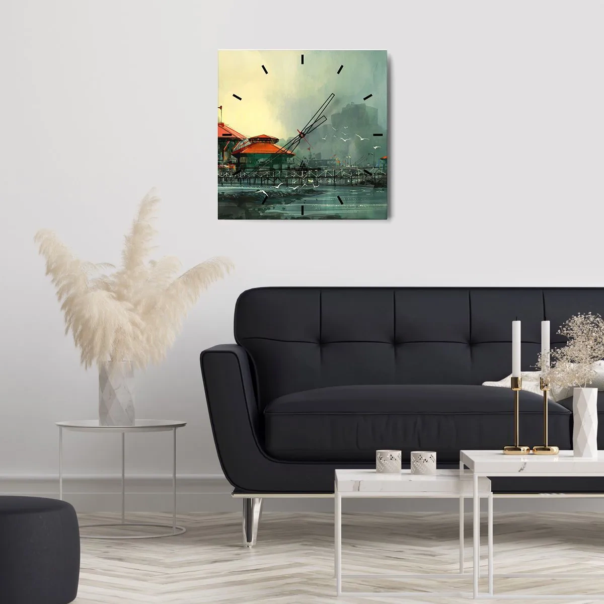 Wall clock - Clock on glass - Gloomy Day at the Port - 40x40 cm