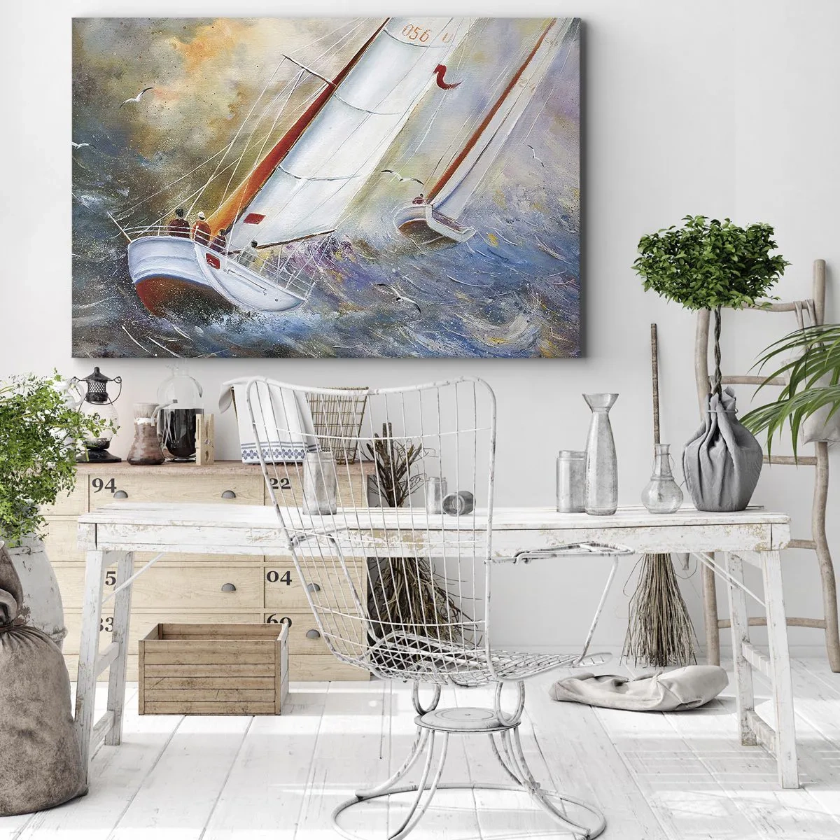 Canvas picture - Sailboats on rough waves in a dynamic composition - 70x50cm - Running on the Waves - Modern wall decoration for the living room and bedroom ARTTOR