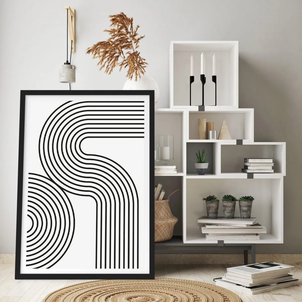 Poster in black frame - Modern graphics with abstract lines in black and white - 50x70cm - On the Curve - Modern wall decoration for the living room and bedroom ARTTOR