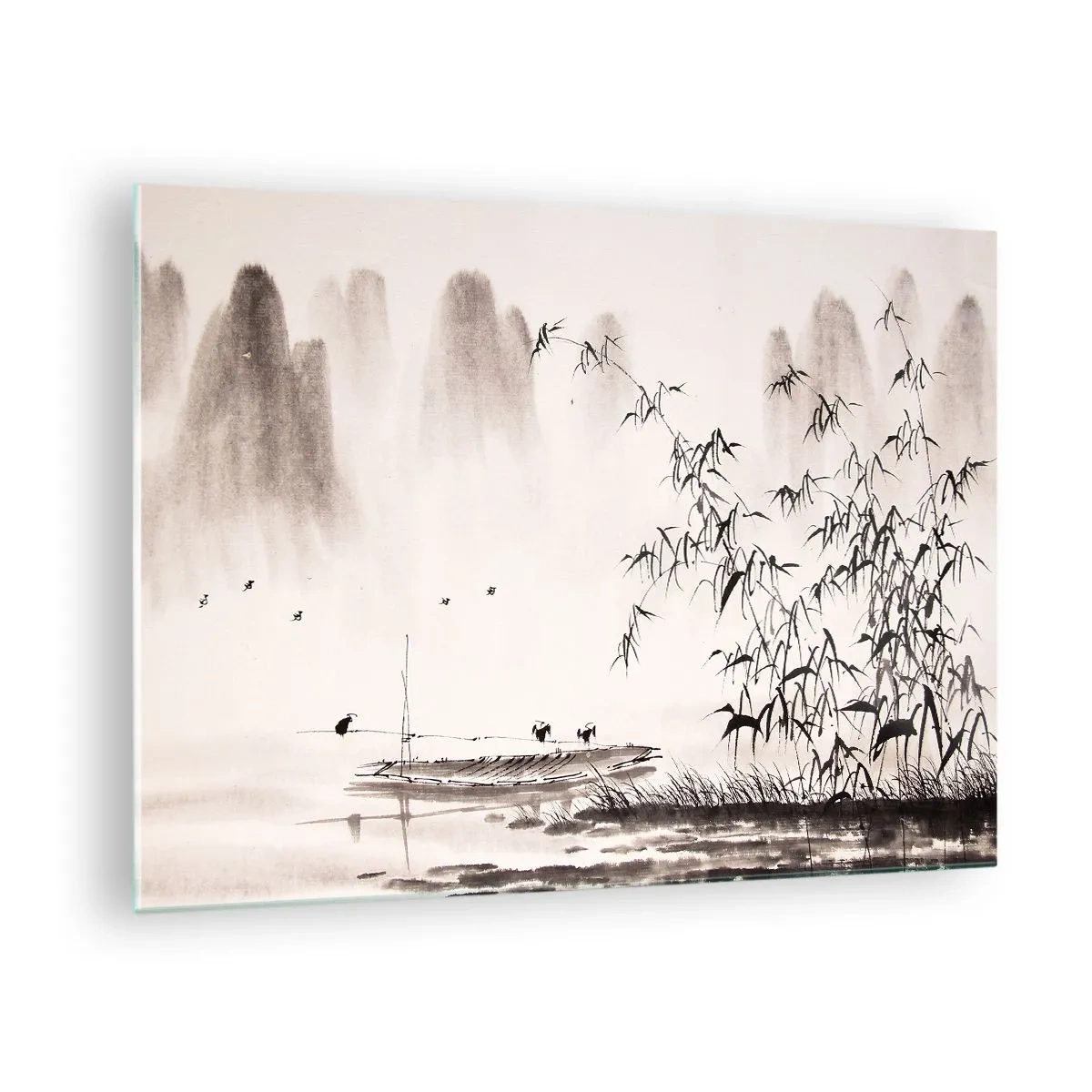 Glass picture - A minimalist scene with bamboo and a boat on a lake. - 70x50cm - Quiet As a Rice Field - Modern wall decoration for the living room and bedroom ARTTOR