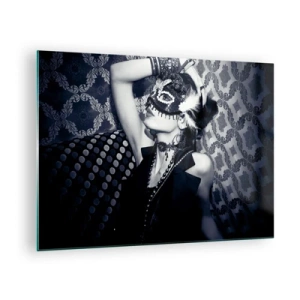 Glass picture - A masked figure against a patterned wall in shades of black and white - 70x50cm - Decorations, Ornaments, Patterns - Modern wall decoration for the living room and bedroom ARTTOR