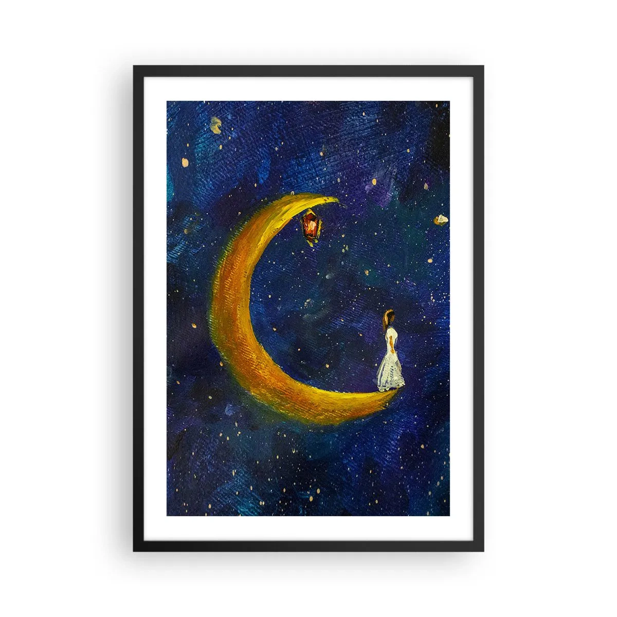 Poster in black frame - A figure on a golden moon against a night sky with stars - 50x70cm - Calling of the World - Modern wall decoration for the living room and bedroom ARTTOR
