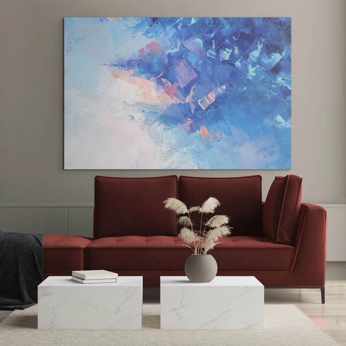Glass picture - Abstract winter landscape with cool blues and soft pink hues - 70x50cm - Winter Abstract - Modern wall decoration for the living room and bedroom ARTTOR