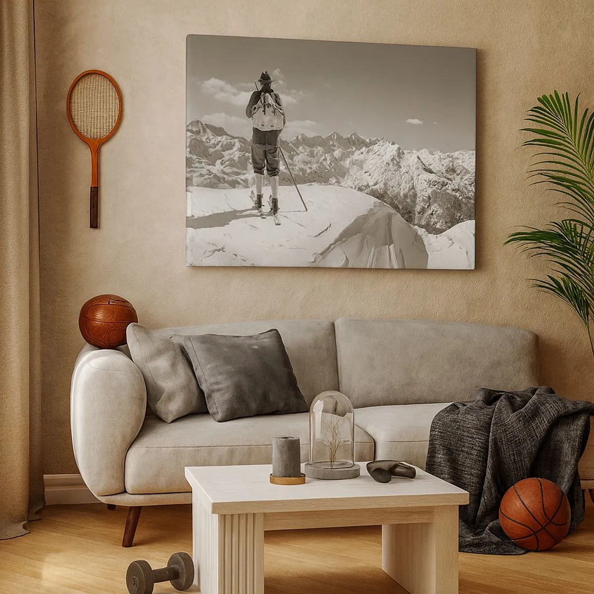 Canvas picture - A skier on top of a mountain in black and white - 70x50cm - Mountains Are the Same - Modern wall decoration for the living room and bedroom ARTTOR