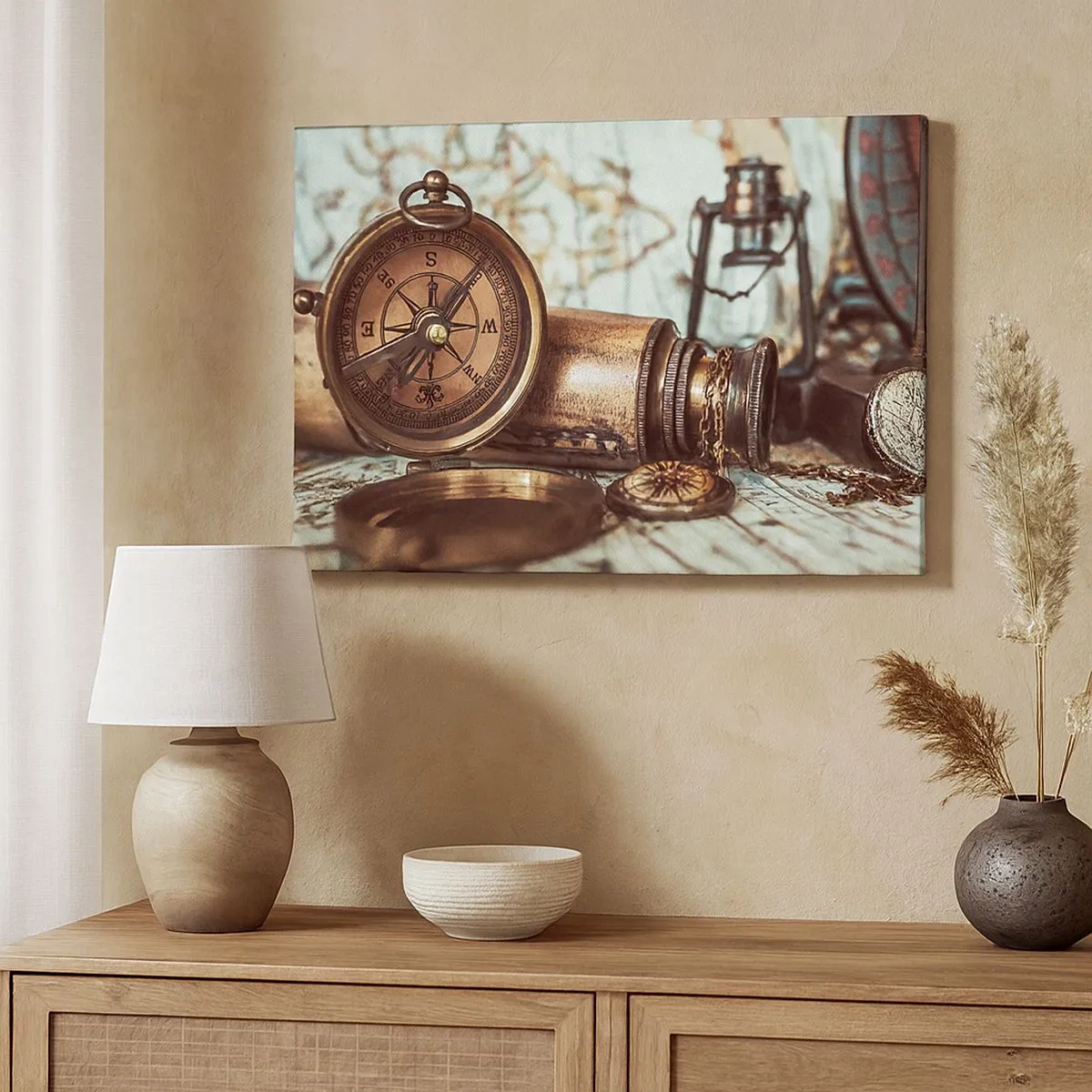 Canvas picture - A retro set with a compass, telescope and map in a travel theme - 70x50cm - Pirate Adventure in the Caribbean - Modern wall decoration for the living room and bedroom ARTTOR