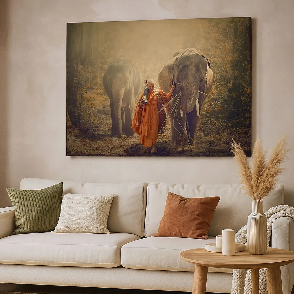 Canvas picture - A monk in an orange robe leads an elephant in the forest. - 70x50cm - Full Understanding - Modern wall decoration for the living room and bedroom ARTTOR