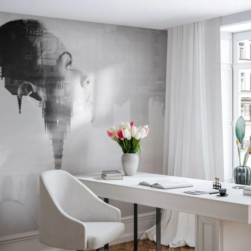 Photo Wallpaper Premium Sand - On Both Sides of a Glass - Abstraction, Woman's Face, Architecture - 350x256 cm