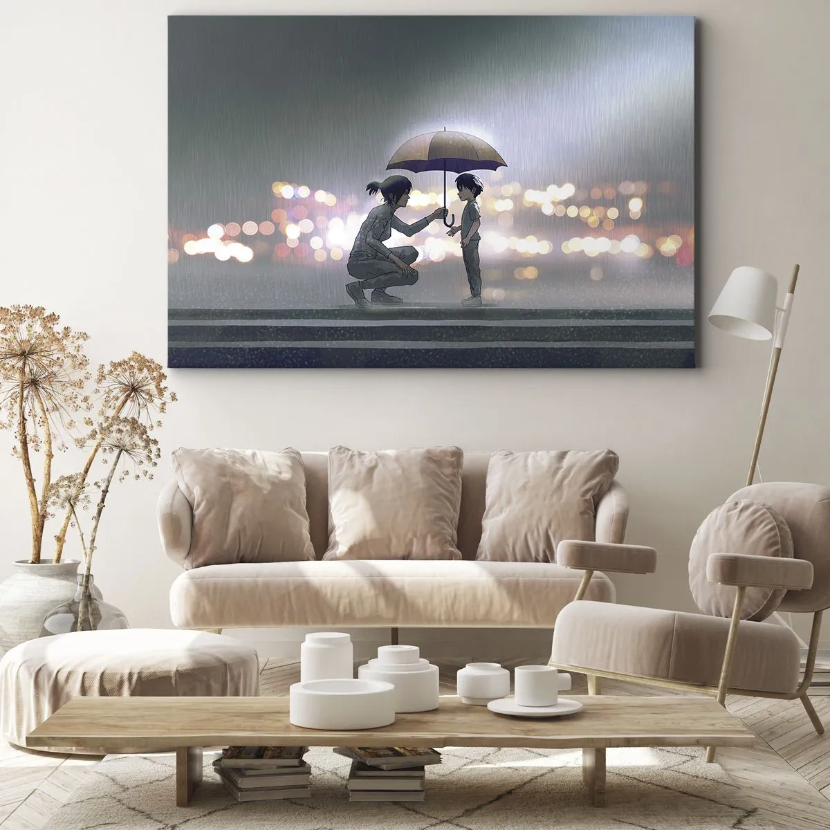 Canvas picture - A figure with an umbrella protecting a child against the backdrop of night lights. - 70x50cm - And Everything Is All Right - Modern wall decoration for the living room and bedroom ARTTOR