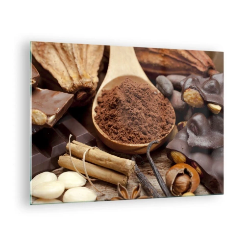 Glass picture - A spoonful of cocoa surrounded by chocolate, spices and nuts - 70x50cm - Best for Stress - Modern wall decoration for the living room and bedroom ARTTOR