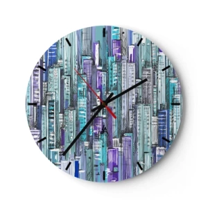 Wall clock - Clock on glass - Graphic skyscrapers in shades of blue and purple - 30x30cm - Blue as the Sky - Modern wall decoration for the living room, kitchen, and bedroom ARTTOR
