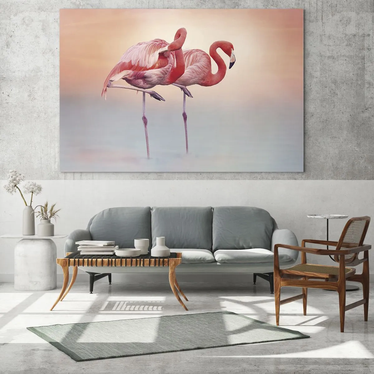 Glass picture - Two flamingos standing in water with a pastel sunset background - 70x50cm - In the Colour Of Sunset - Modern wall decoration for the living room and bedroom ARTTOR