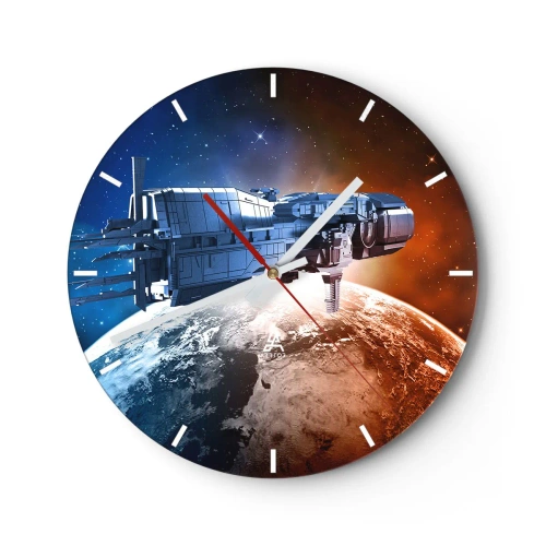 Wall clock - Clock on glass - A clock face with a motif of a spaceship hovering above Earth - 30x30cm - Careful Observer - Modern wall decoration for the living room, kitchen, and bedroom ARTTOR