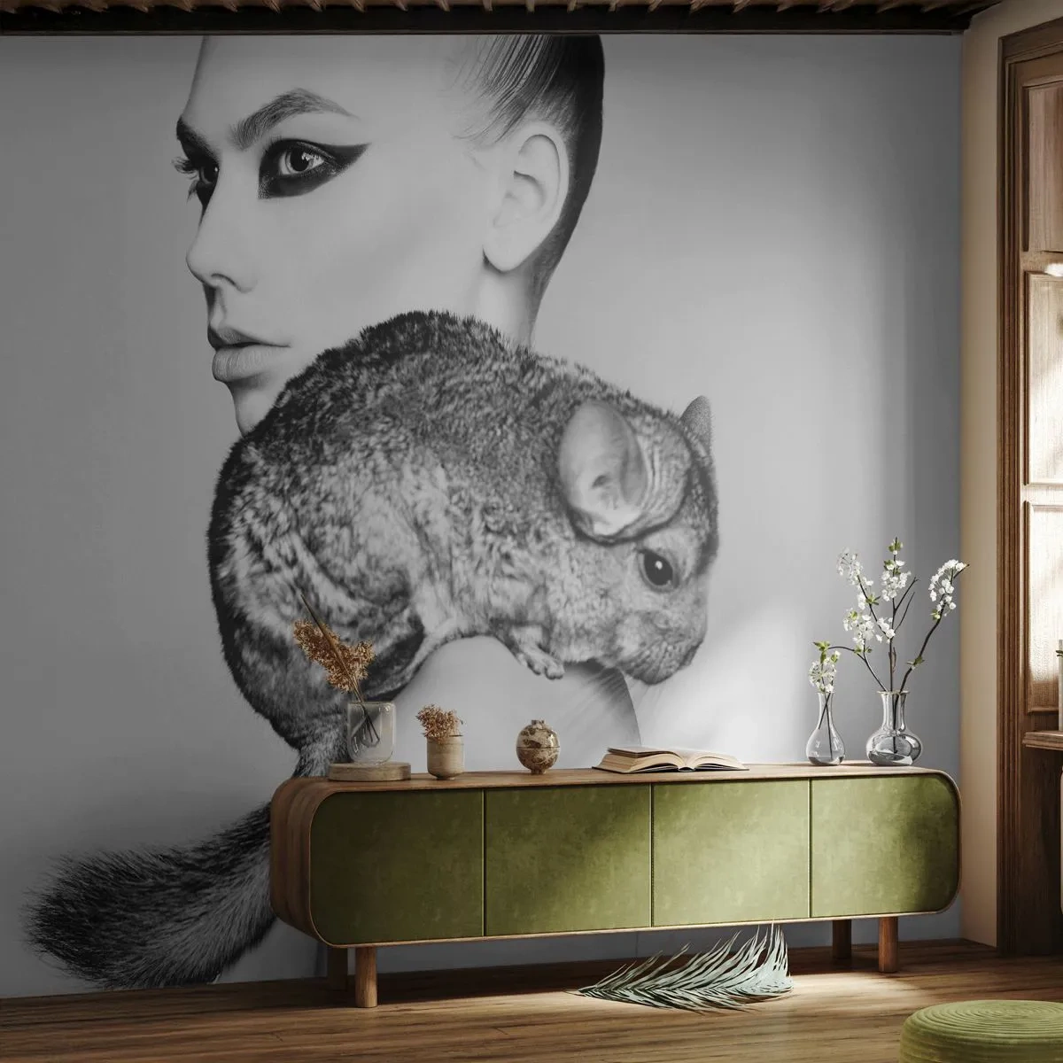 Photo Wallpaper Premium Sand - Lady with a Chinchilla - Woman, Woman With Chinchilla, Model - 250x175 cm