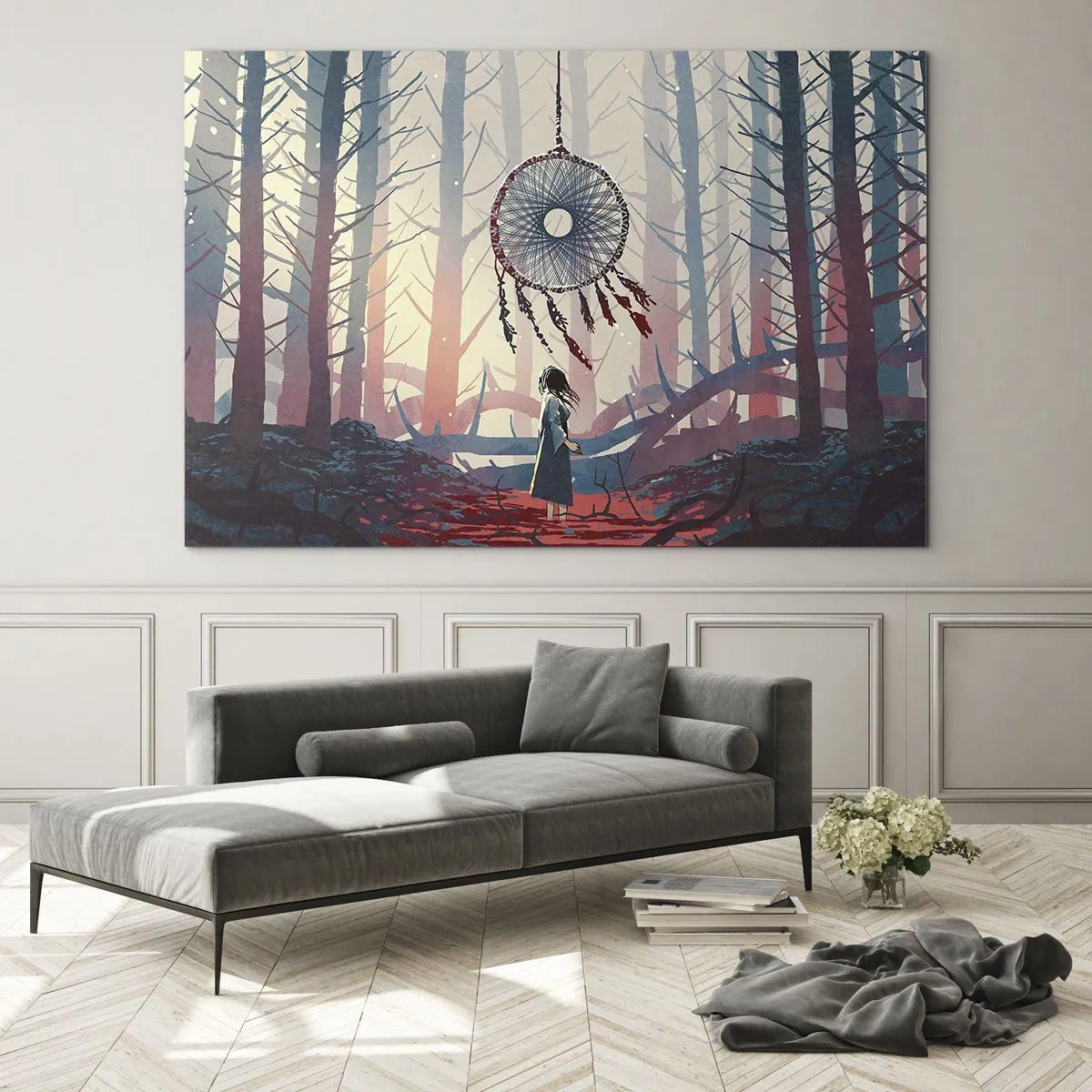 Glass picture - A figure in the forest looks at a large dream catcher floating in the air. - 70x50cm - Mysterious Ritual of Life - Modern wall decoration for the living room and bedroom ARTTOR