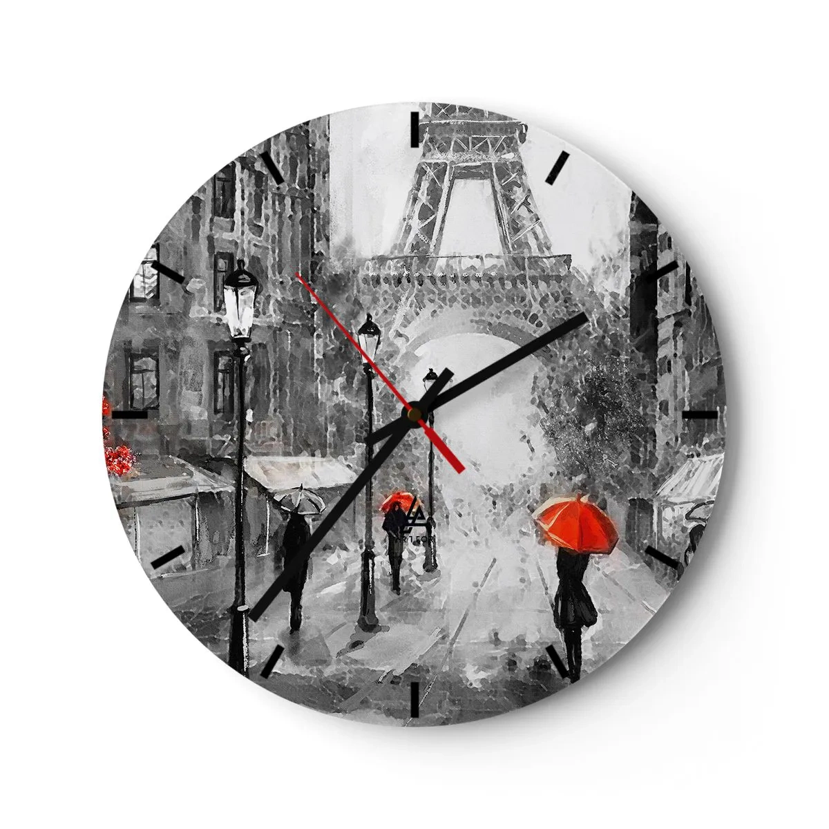 Wall clock - Clock on glass - Black and white street with the Eiffel Tower and red umbrellas - 30x30cm - All Roads Lead to Her - Modern wall decoration for the living room, kitchen, and bedroom ARTTOR