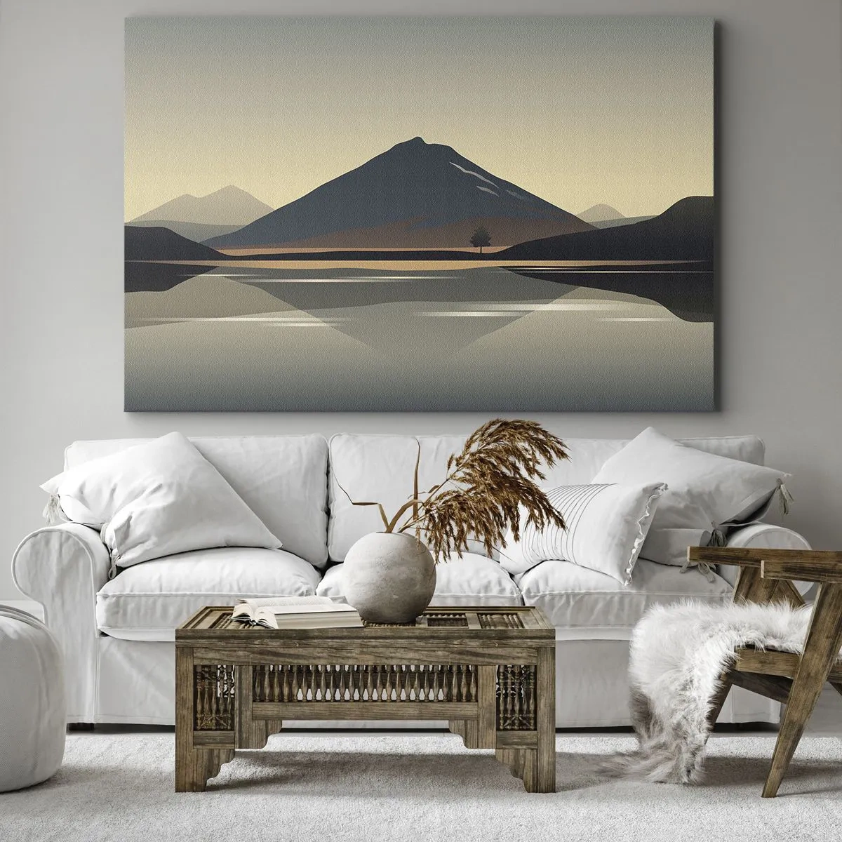 Canvas picture - Minimalist mountain landscape with reflection in the water - 70x50cm - Mirror Image - Modern wall decoration for the living room and bedroom ARTTOR