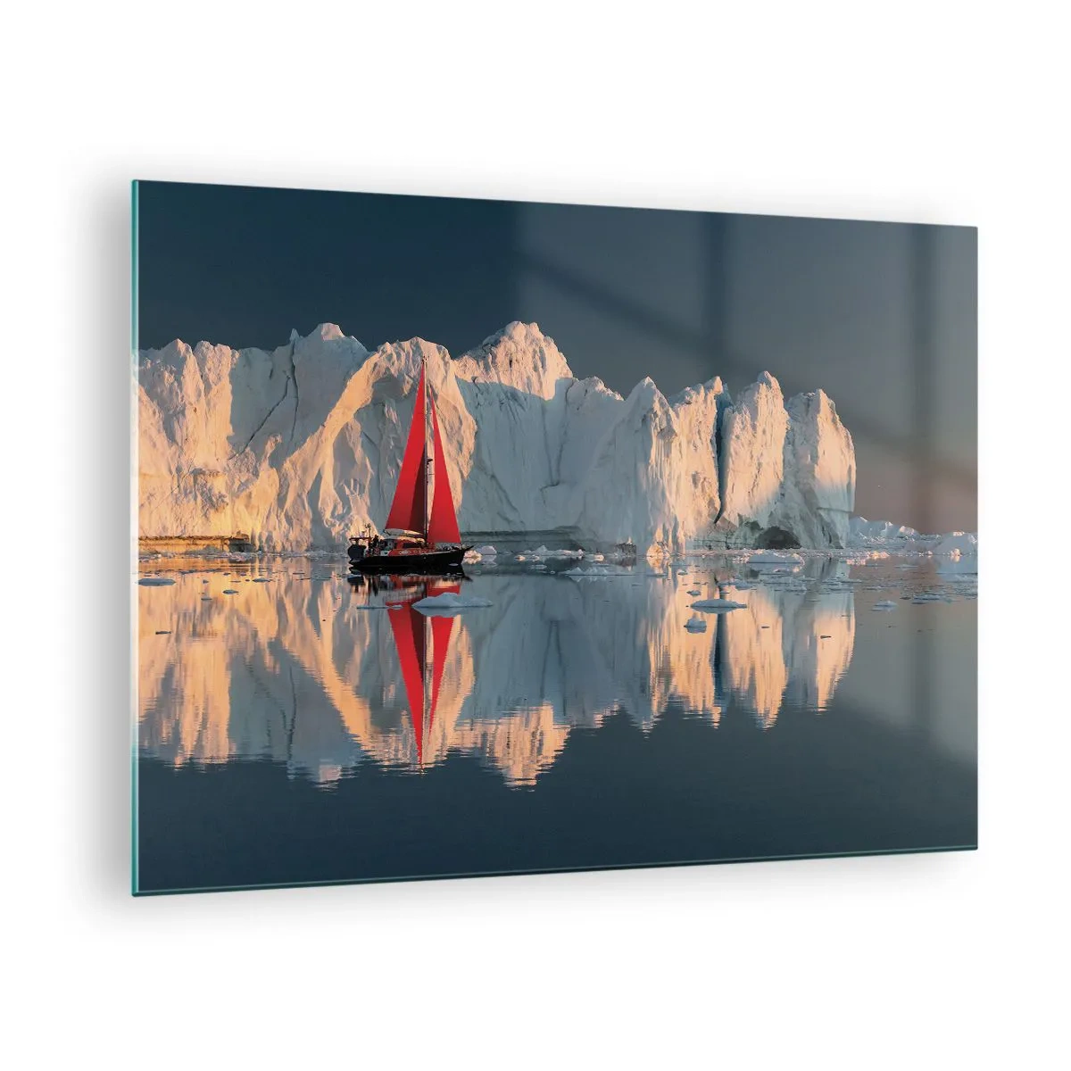 Glass picture - A sailboat with a red sail near the icebergs at sunset - 70x50cm - On the Edge of the World - Modern wall decoration for the living room and bedroom ARTTOR
