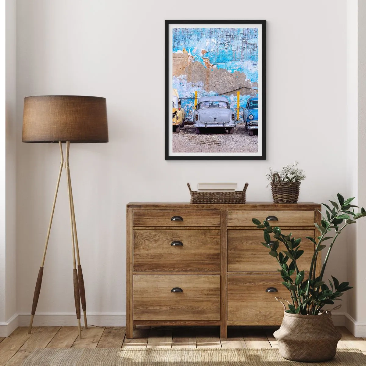 Poster in black frame - Old cars against a worn-out blue wall - 50x70cm - Meeting of Veterans - Modern wall decoration for the living room and bedroom ARTTOR