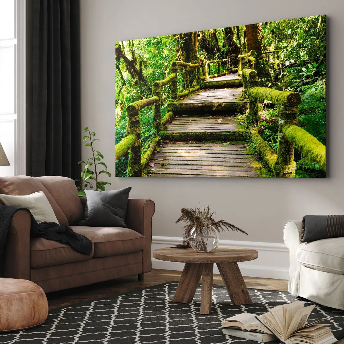 Canvas picture - A wooden bridge covered with moss in a tropical rainforest - 70x50cm - Down the Green Path - Modern wall decoration for the living room and bedroom ARTTOR