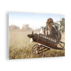 Glass picture - A child in a wooden airplane, pretending to be a pilot, wearing aviator clothes. - 70x50cm - Take off for a Dream - Modern wall decoration for the living room and bedroom ARTTOR