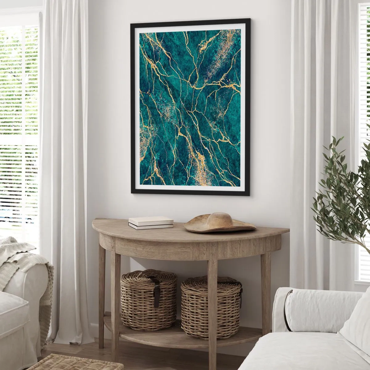 Poster in black frame - Abstract gold veins on a green marble background - 50x70cm - Gold Vein - Modern wall decoration for the living room and bedroom ARTTOR