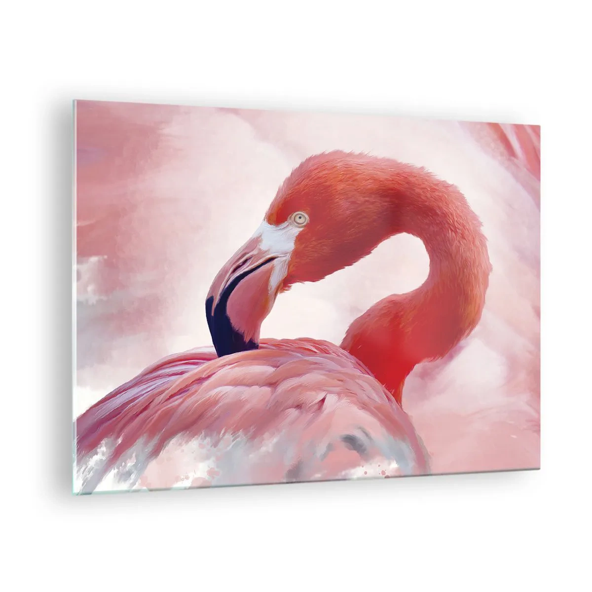 Glass picture - A pink flamingo gracefully turns to the side - 70x50cm - Bird Look - Modern wall decoration for the living room and bedroom ARTTOR