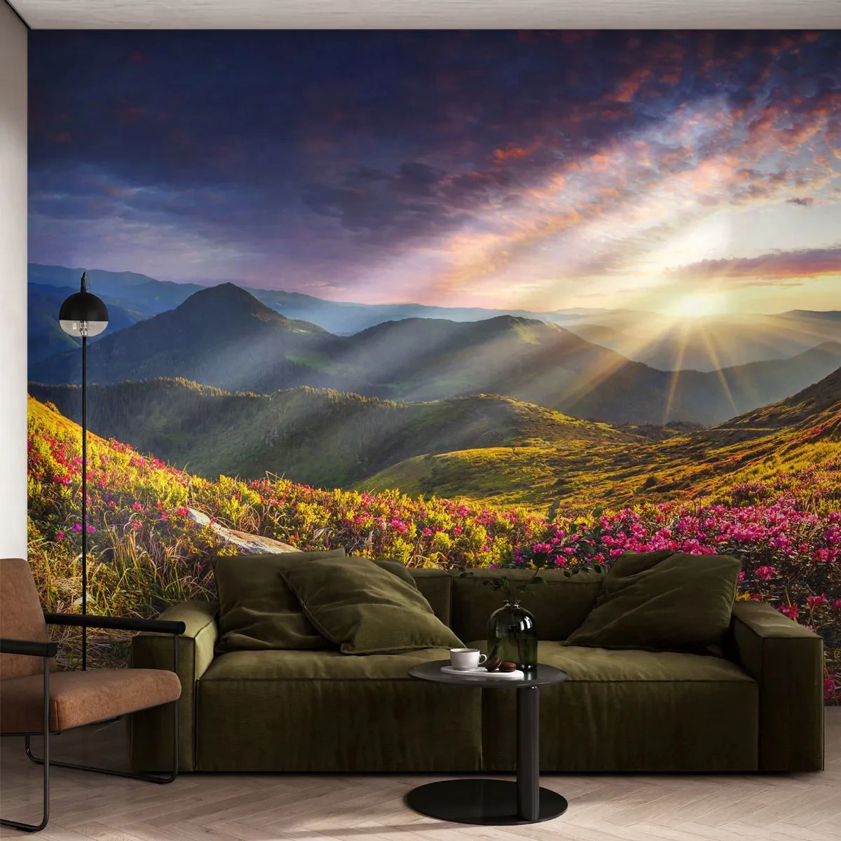 Photo Wallpaper Standard Eco - Freshness of Mountain Morning - Landscape, Mountains, Flowers - 400x280 cm
