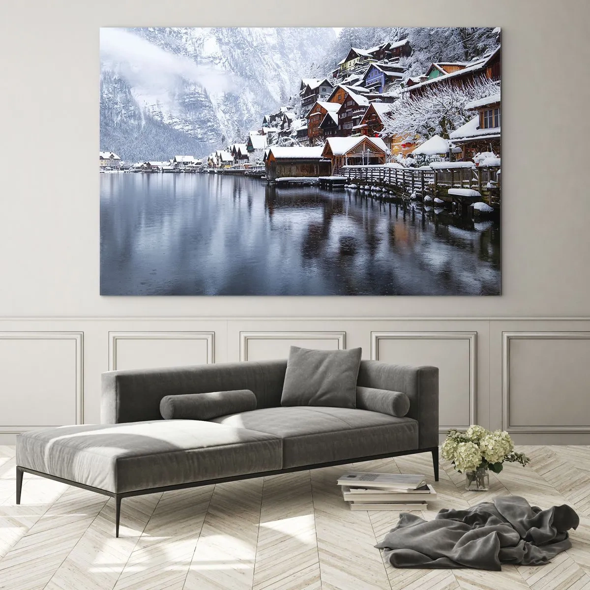 Glass picture - A mountain village by a lake, blanketed in snow in a winter landscape - 70x50cm - In Winter Decoration - Modern wall decoration for the living room and bedroom ARTTOR