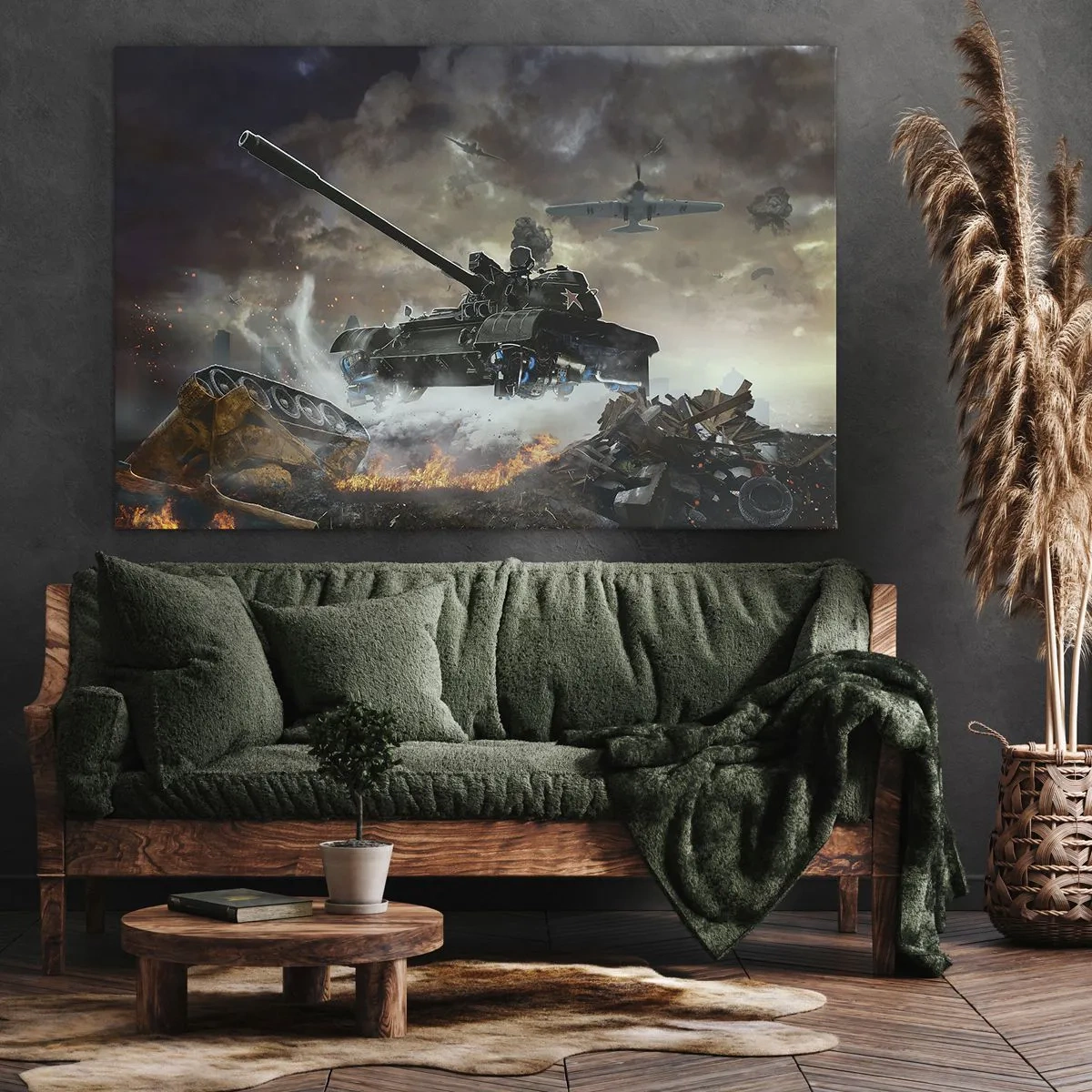 Canvas picture - Battle scene with tanks and planes in the background - 70x50cm - Battle Is Scary and Beautiful - Modern wall decoration for the living room and bedroom ARTTOR