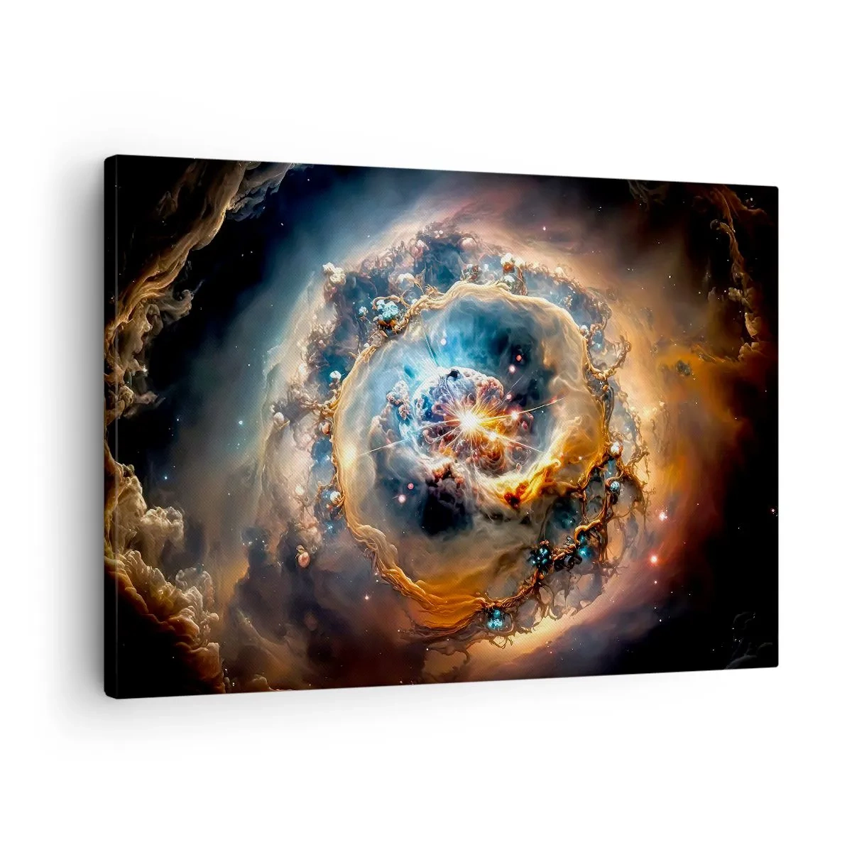 Canvas picture - An abstract vision of a cosmic explosion in shades of gold and blue. - 70x50cm - Beginning - Modern wall decoration for the living room and bedroom ARTTOR