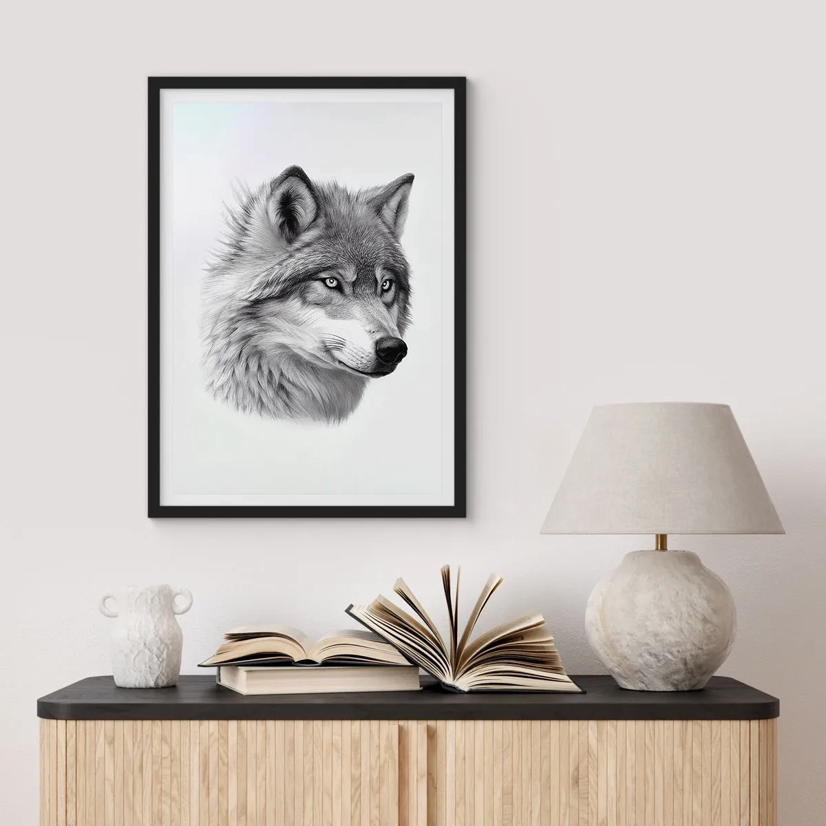 Poster in black frame - A realistic portrait of a wolf in shades of gray. - 50x70cm - Alpha - Without a Doubt - Modern wall decoration for the living room and bedroom ARTTOR