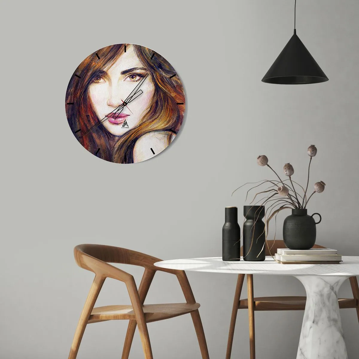 Wall clock - Clock on glass - Portrait of a woman in an artistic, painterly style - 30x30cm - Penny for Your Thoughts - Modern wall decoration for the living room, kitchen, and bedroom ARTTOR